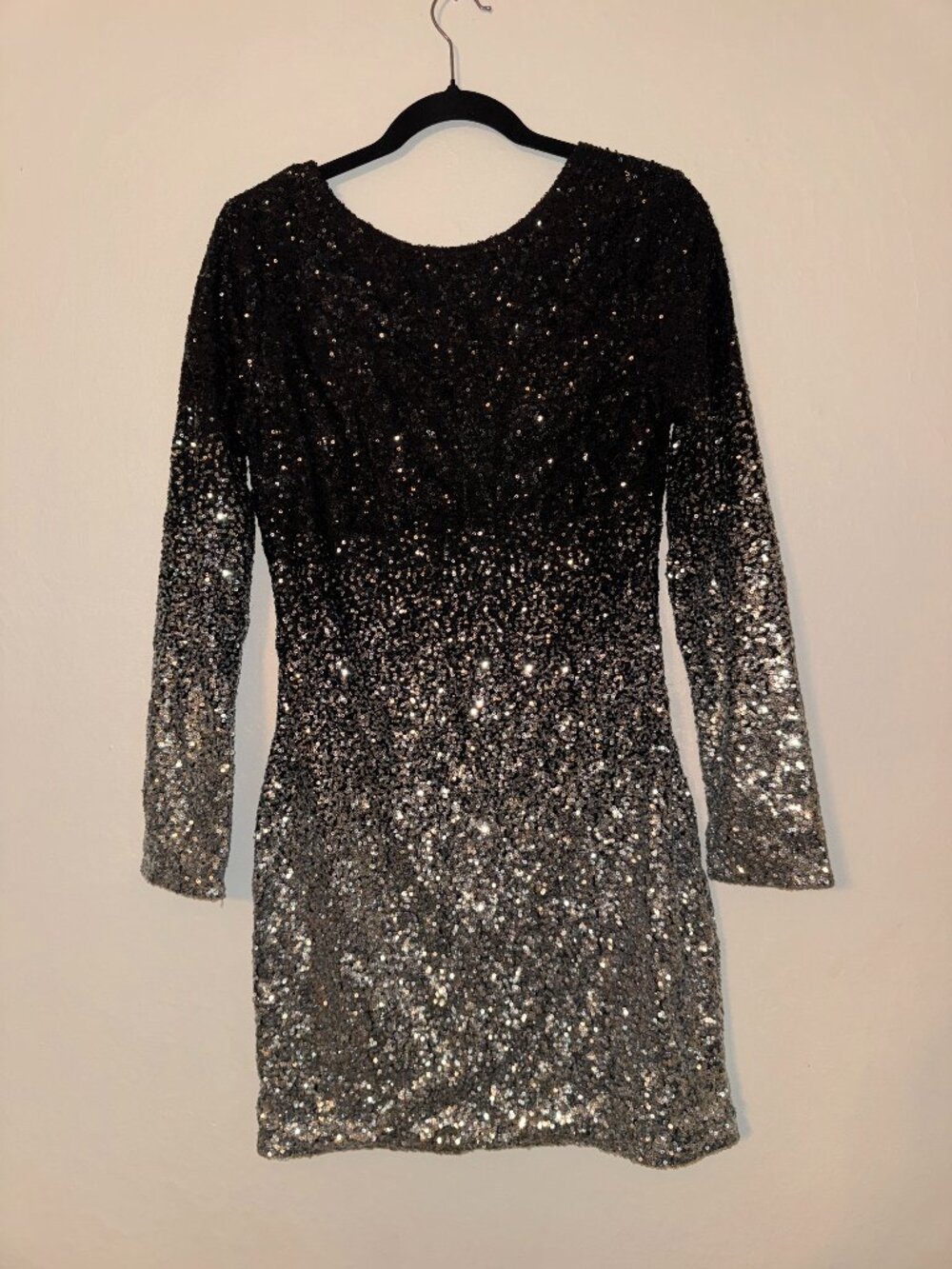Black and Silver Ombre Sequin Long Sleeve Bodycon Mini Dress